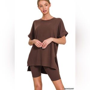 NWT!2pc Set Soft MAHOGANY Brown Brushed Dty Microfiber R-neck Top & Biker Shorts
